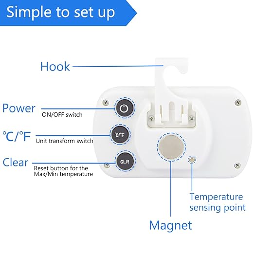 Digital Refrigerator Thermometer 2 Pack Fridge Freezer Room Thermometer Waterproof Large LCD Display Max/Min Record Function, White
