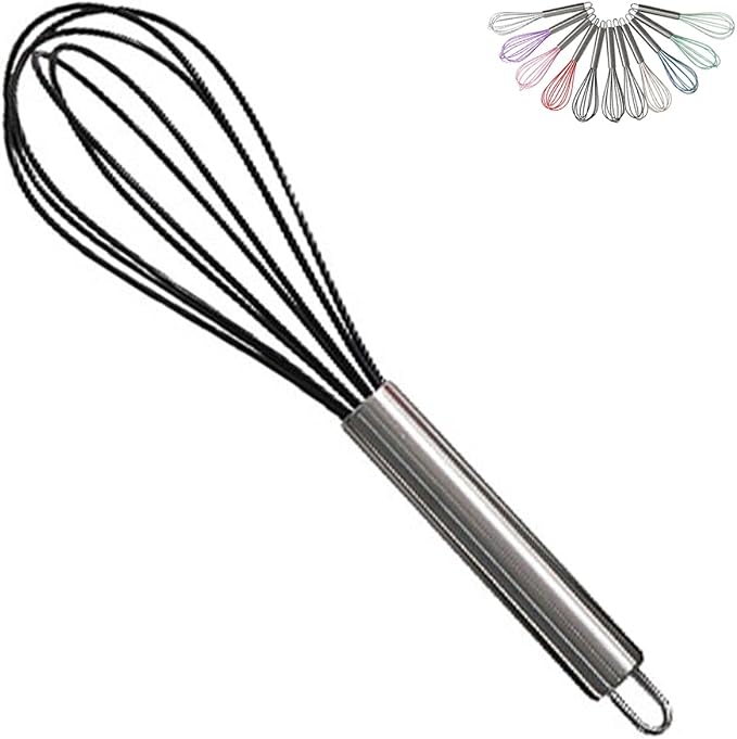 1-Piece Black Silicone Whisk with Stainless Steel Handle BRIIEC 10-inch Egg Beater Milk Beater Balloon Whisk Manual Baking Tool for Blending Stirring Whisking and Beating