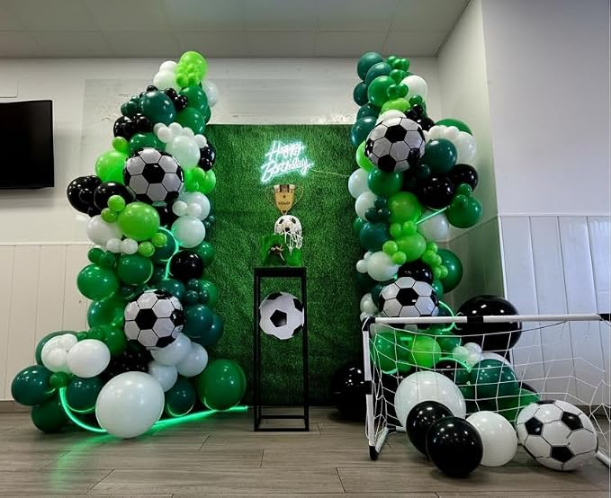 Soccer Party Decorations 153Pcs, World Soccer Balloon Garland Arch Kit with 18'' Football Foil Balloons, Green White Football Print Balloons for Boys Sports Fan Birthday Soccer Party Decor