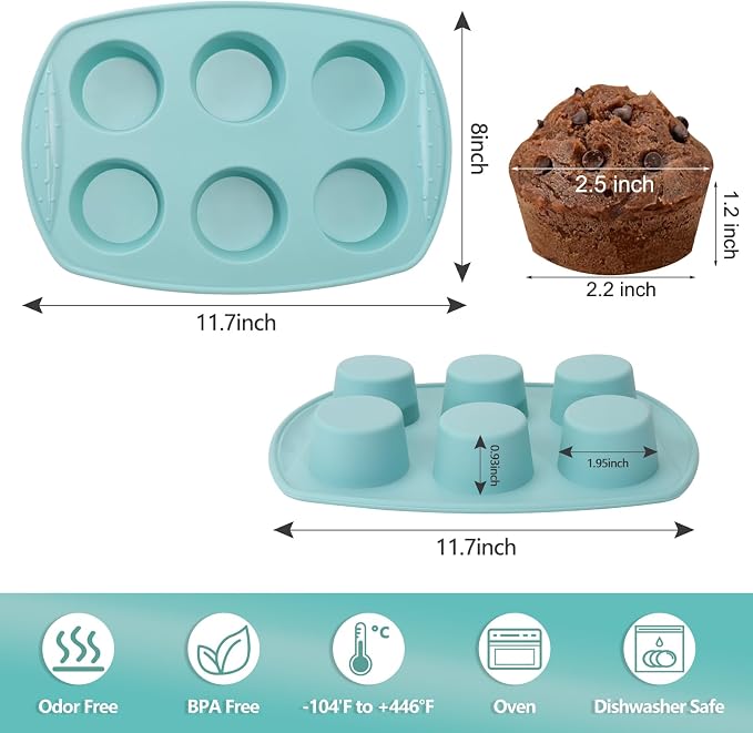 6-Cavity Silicone Muffin Pan, Circular Shape Non-Stick Baking Mold for Cupcakes, Egg Tarts, Fruit Pies, Brownies, Oven & Dishwasher Safe (-104°F to +446°F), BPA-Free Flexible Bakeware - Nordic Blue