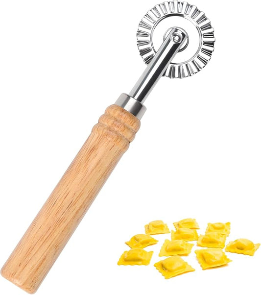 Pastry Wheel Cutter, Stainless Steel Ravioli Cutter, Fluted Pastry Wheel with Long Wooden Handle for Home Making Pasta Pizza Ravioli Cookie Tools