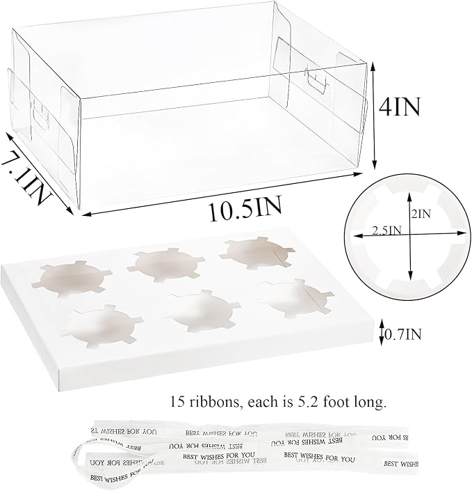 Cedilis 15 Pack Clear Cupcake Boxes, 6 Count Cupcake Containers with Gift Ribbon, Plastic Cupcake Carrier Holder for Treat Dessert Cookies Muffins Pastry Baby Shower Party