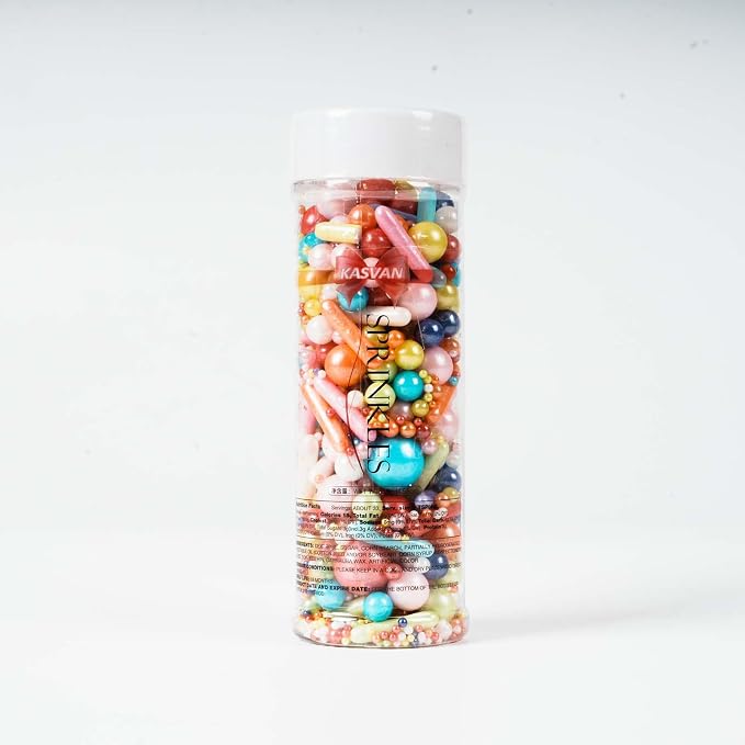 Kasvan Rainbow Pearl Sugar Sprinkles - Edible Mixed Candy Pearls 130g/4.58 Oz, Mix Size, Baking Cake Decorations, Ice Cream Toppings and Cookie Decorating, Wedding Party Chirstmas Supplies (Mixed)