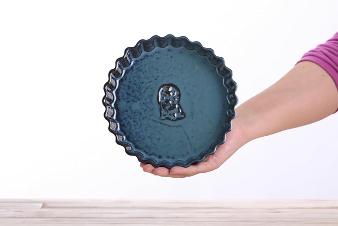 Willow Ceramics Tart Dish, 8 inch Diameter, Longhair Dachshund Tart Dish Design, Fluted Quiche/Pie Pan, 20oz Volume, Handmade (Peacock)