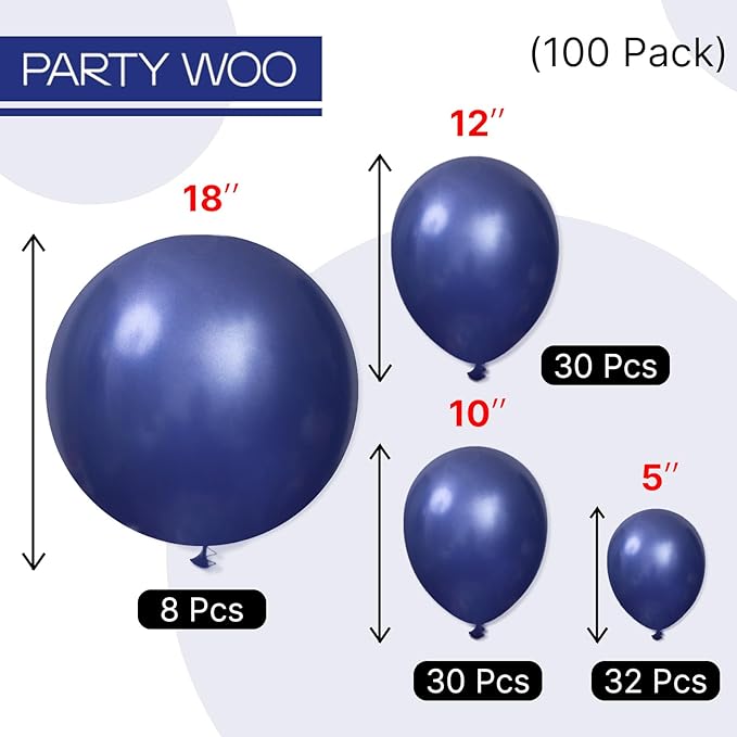 PartyWoo Navy Blue Balloons 100 pcs Different Sizes Pack of 18 12 10 5 Inch Pearl Dark Blue Balloon Arch Kit Garland for Graduation Wedding Baby Shower Birthday Party Decorations Blue-Z90