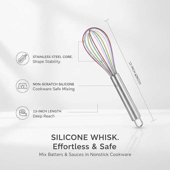 Multipurpose Silicone Whisk for Batters, Sauces & Eggs - Non-Scratch Coated Wires with Stainless Steel Core, 13 Inch Kitchen Tool