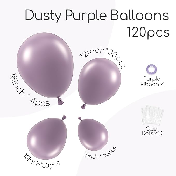 120pcs Dusty Purple Balloons 18 12 10 5 inch Purple Balloons Different Sizes Balloon Arch Kit for Boho Bridal Baby Shower Wedding Birthday Party Decorations