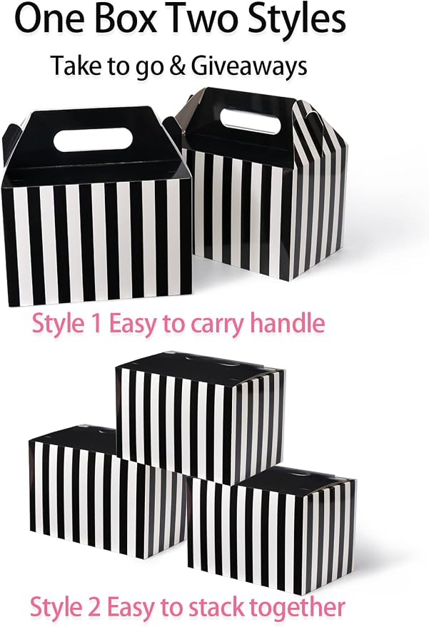 Happyhiram 50 Pcs Large Gift Boxes with Handles Black and White Stripes, 9x6x6 Gable Gift Boxes Party Favor Boxes Barn Style Carry Out Box Recyclable Lunch Boxes Paper for Food Kids Birthday
