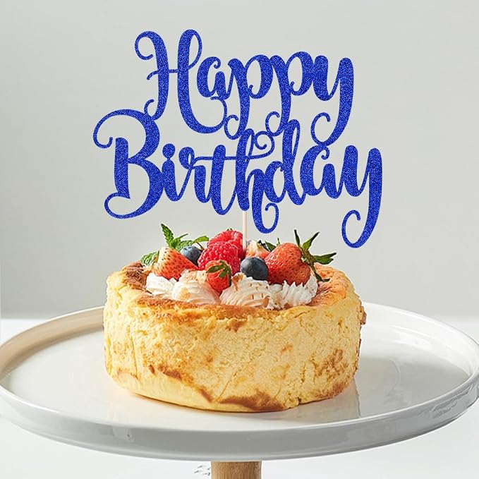 Happy Birthday Cake Topper- Glitter Happy Birthday Cake Decor, Handmade Anniversary/Birthday Party Supplies (Deep blue)