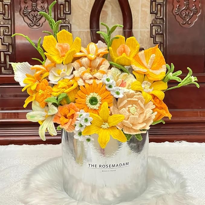 AHAMETON 620Pcs Golden Orange Pipe Cleaner Flower Kit, 6 Colors Bulk Pipe Cleaners Craft Supplies with Wire, Stamens, Ribbon, Tapes, Card, DIY Flower Making for Gifts Home Decor, Party & School Crafts
