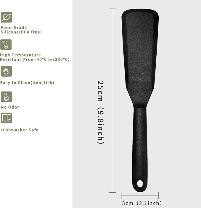 Dioycli Silicone Spatulas for Cooking Heat Resistant Pancake Spatula, Non Stick Long Omelette Spatula Turner Bpa Free 2 Pieces for Crepes Egg Burgers Pizza Cookie (Black)