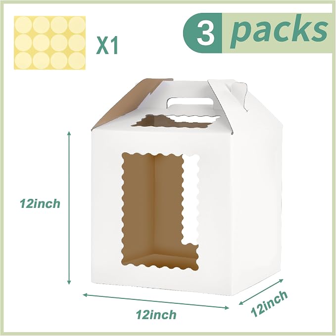 3 Pack 12x12x12 Inch Tall Cake Boxes with windows,10in 12in Tall Cake Carrier, Large Tiered Cake Box,Disposable Layer Tall Baking Carrier with Handle for Wedding, Birthday