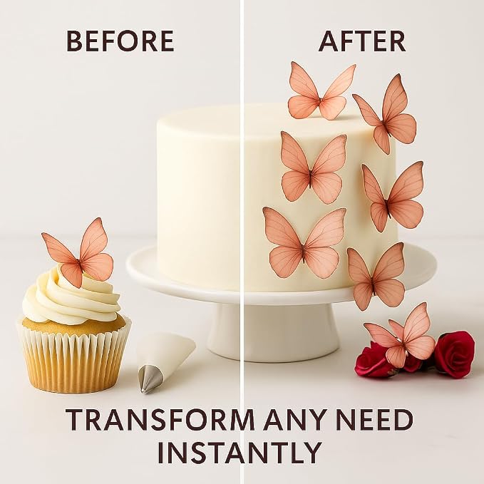 Confect Edible Wafer Paper Butterflies Set of 56 – Colorful Peach Butterfly Cake Decorations, Cupcake Toppers for Birthday, Wedding, Party – Edible Butterfly Toppers