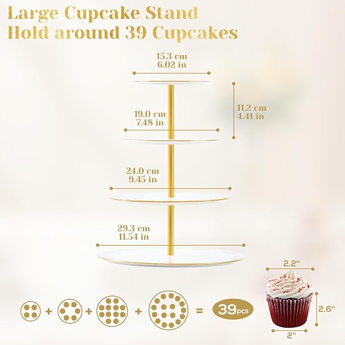 DUJUST 4-Tier Cupcake Stand Tower, British Style Porcelain Tiered Tray with Golden Trim & Pattern, Food Grade Dessert Display Stand, Beautiful Gift for Tea Party & Home Décor - White