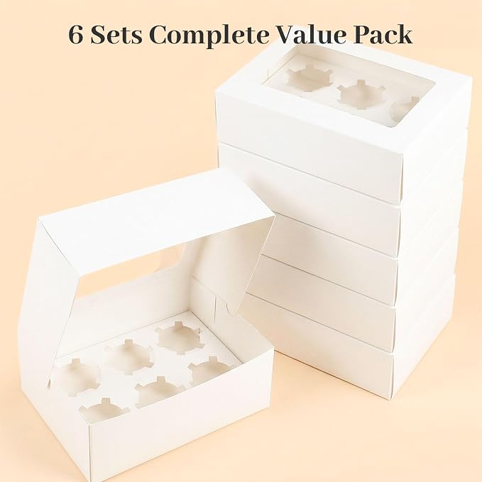 HANSGO 6 Count Cupcake Boxes,6PCS Cupcake Containers with Window White Pastry Boxes for Muffins Pastry Strawberry, Party Supplies 9.5x6.3x3.5 Inch