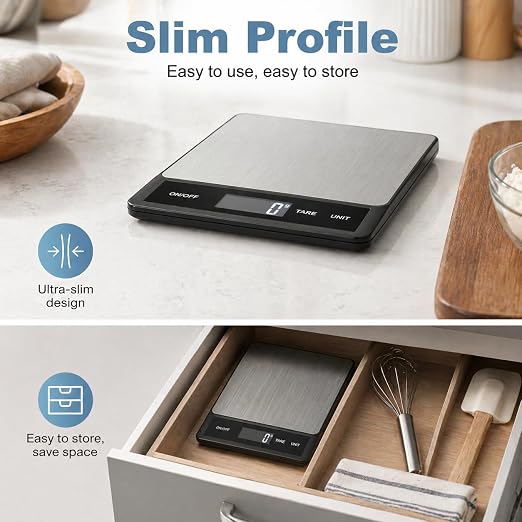 33LB/15KG Digital Kitchen Scale, USB Rechargeable Stainless Steel | 1g precision food scale with tare, 6 units and easy-clean platform for cooking, baking, meal prep and portion control
