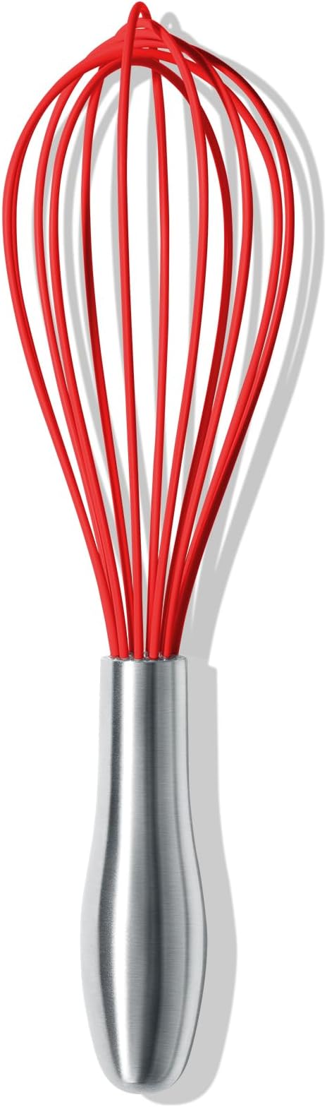 OYV 10-Inch Red Silicone Whisk, Heat Resistant 480°F Kitchen Whisk with Stainless Steel Ergonomic Handle, Non-Scratch for Nonstick Cookware, Dishwasher Safe, Perfect for Blending, Cooking & Beating