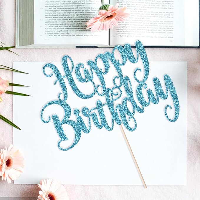 Happy Birthday Cake Topper- Glitter Happy Birthday Cake Decor, Handmade Anniversary/Birthday Party Supplies (Light blue)