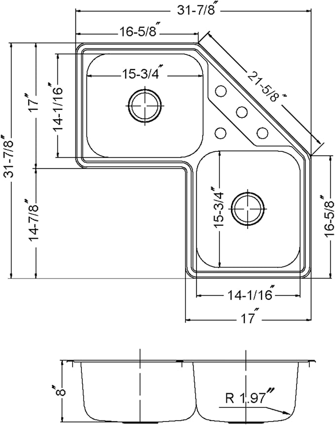 Houzer Legend Stainless Steel Kitchen Sink: 32 Inch Drop-in Topmount 4-Hole 50/50 Double Bowl Corner Kitchen Sink with Strainer, Durable & Versatile, Essential for Home & Apartment: LCR-3221-1