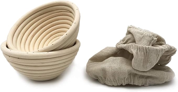 5 Inch Round Banneton Bread Proofing Basket 2 pcs Natural Rattan Cane Brotform Handmade& Linen Liner Cloth