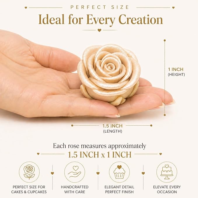Confect Metallic Edible Champagne Gold Roses | Christmas Cupcake Toppers | Edible Flower For Cake Decorating | Pack Of 12 Edible Metallic Sugar Flowers for Cake Decorating