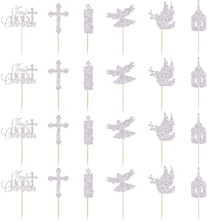 24 piece Silver glitters First Holy Communion Cupcake Toppers Glitter Dove Cross God Bless Cupcake Picks Christian Baby Baptism Theme Cake Decorations for Baby Shower Birthday Party
