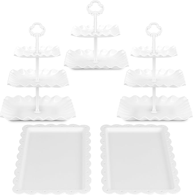 NWK 5 Piece Cake Stand Set with 2 x 3-Tier Cupcake Stands, 1 x2-Tier Cupcake Stands, 2 x Appetizer Trays, for Wedding Birthday Baby Shower Tea Party Decorations (5, White, Square)