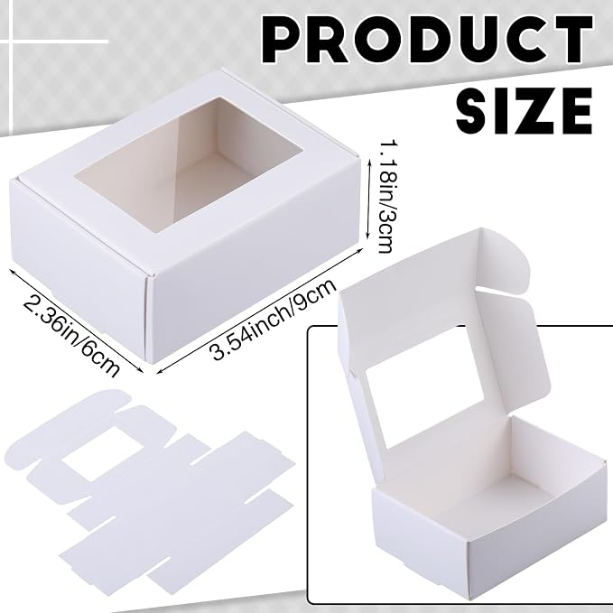 Zonon 100 Pcs Soap Boxes for Homemade Packaging, Mini Kraft Boxes with Window for Bakery Candy Soap Making Gift Packaging, 3.7x2.6x1.4 Inch (White)