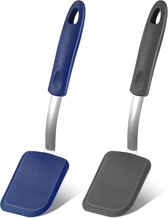 Silicone Cookie Spatula Turner 2 Pack Mini Brownie Spatula Flexible Kitchen Small Silicone Turner for Nonstick Cookware Heat Resistant No Scratch Flipper for Pancake(Solid Flat,Gray, Blue)