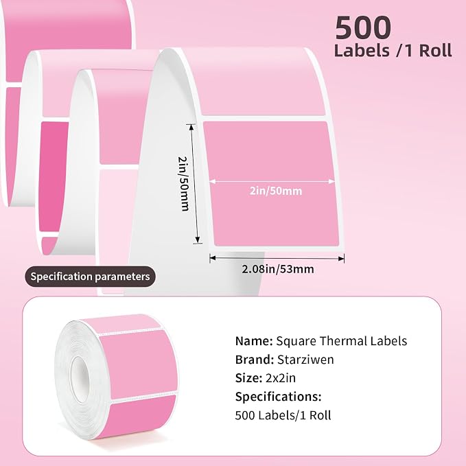 2"x2" 500pcs Square Thermal Labels, Pink Stickers for Thermal Printer | Waterproof, Multi-Color, Gradient Pink, Oil-Proof, BPA-Free, Strong Adhesive, DIY Logo, Compatible with Munbyn/Rollo/Zebra