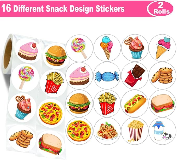 600Pcs Round Snack Stickers Roll 1.5 Inch Food Stickers for Kids Birthday Party Favors Teacher Reward Encouragement Motivational Stickers