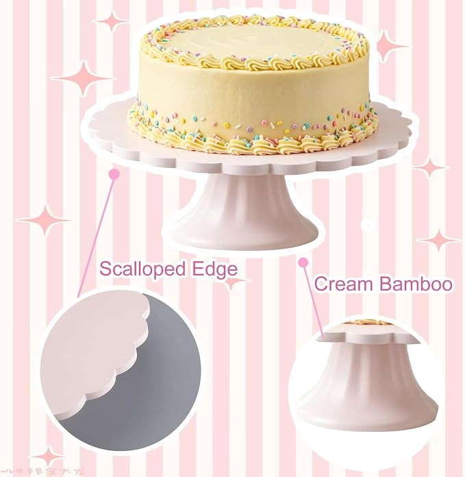 Vesici Pink Wooden Cake Stand Scalloped Reusable Round Cake Stand Dessert Holder for Cupcake Donut Dessert Wedding Baby Shower Party Supply (10" L x 10" W x 3" H)