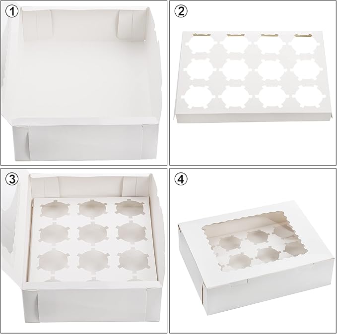 Jucoan 20 Pack Cupcake Boxes 12 Counts White Paper Cupcake Container with Inserts and Window, Bakery Container Dozen Cupcake Carrier Boxes for Muffins, Cookies, Pastry
