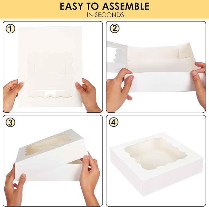 Moretoes 24pcs Bakery Boxes, 10x10x2.5 Inches Auto-Popup Pie Boxes for Cookies, Chocolate Covered Strawberries, Pies, Donuts, Muffins