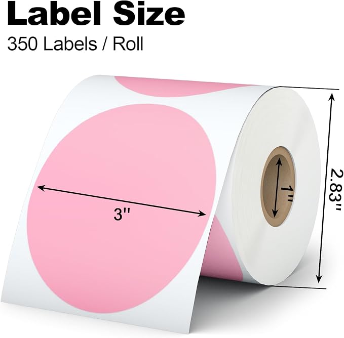 Misofuki 350 Pcs 3 inch Pink Round Thermal Sticker Labels Roll Used with Zebra, Rollo, MUNBYN, Self-Adhesive Circle Multipurpose Direct Thermal Labels for DIY Logo Design, QR Code, Inventory Labels