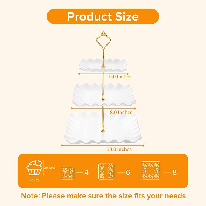 Hoedia 3 Tier Cupcake Stand Tower, Plastic White Cup Cake Holder for Dessert stands, Tiered Serving Tray for Tea Party, Birthday Party, Wedding Decor and Baby Shower(Square Wave)