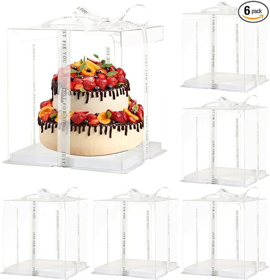 JCD 10inch Large Transparent Cake Box,6 Pcs Clear Cake Boxes with Ribbon,10x10x9inch,Suitable for 8" or 9" cakes, Tall Cake Carrier for Display and Gift Packaging(Clear Lid, 10 * 10 * 9inch/6Pcs)