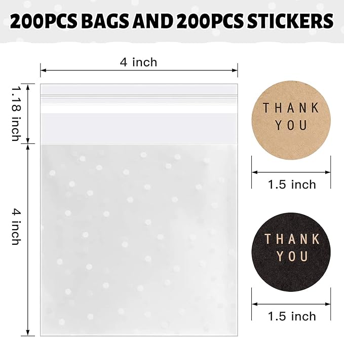 NPLUX 200PACK Self Sealing Cellophane Treat Bags Clear Cookie Bags for Gift Giving with Stickers, Party Favor, Graduation Gift Bags(White Polka Dot, 4X4INCH)