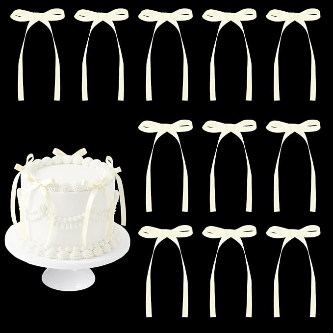 30 Pack Ivory Ribbon Bows for Cake Cream Bow Cake Toppers Bow Birthday Decorations Coquette Bow Cupcake Topper for Bride to Be, Wedding, Bridal, Baby Shower, Bachelorette Party Decorations