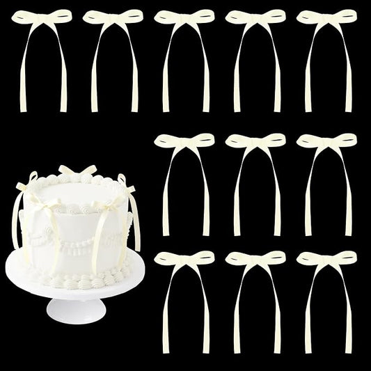 30 Pack Ivory Ribbon Bows for Cake Cream Bow Cake Toppers Bow Birthday Decorations Coquette Bow Cupcake Topper for Bride to Be, Wedding, Bridal, Baby Shower, Bachelorette Party Decorations