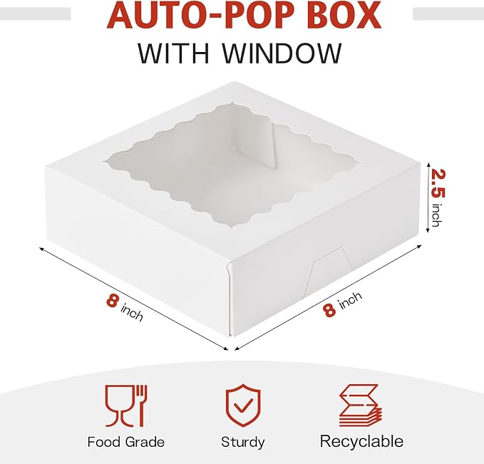 ZORRITA Pie Boxes with Window, 8" x 8" x 2.5", 20 Pack, White | Auto Pop-up, Bakery Boxes, For Chocolate Covered Strawberry, Cookies, Treats, Pastry, Donuts, Muffins