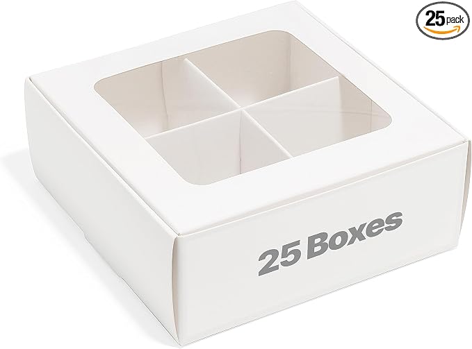 25 pcs White Mini Cookie Boxes with 4 treats Windows and Dividers, Bakery Boxes, 6 x 6 x 2.4 Inches SMALL Baking Boxes, Square Cookies Box Decorating Supplies for Gift Giving