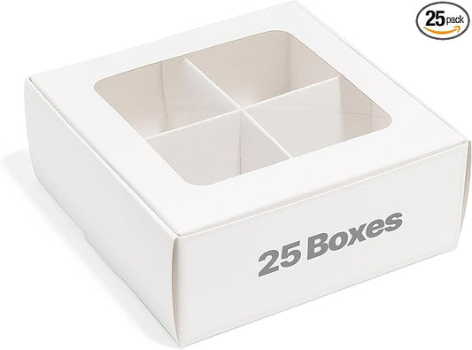 25 pcs White Mini Cookie Boxes with 4 treats Windows and Dividers, Bakery Boxes, 6 x 6 x 2.4 Inches SMALL Baking Boxes, Square Cookies Box Decorating Supplies for Gift Giving