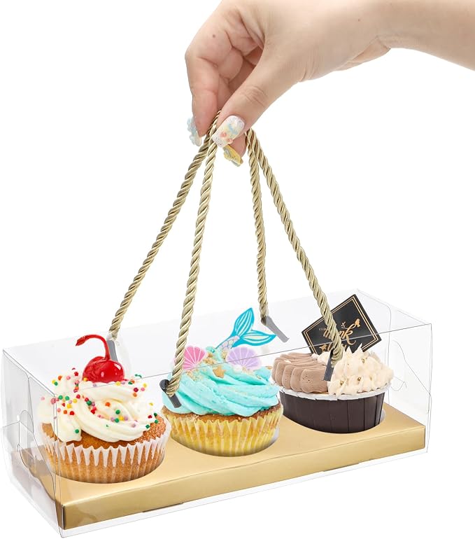 Coloch 24 Pack Clear Cupcake Box with Handle, 9 x 3 x 3 In 3 Count Plastic Cupcake Container Baked Dessert Box, for Cupcake, Dessert, Muffins, Party, Wedding