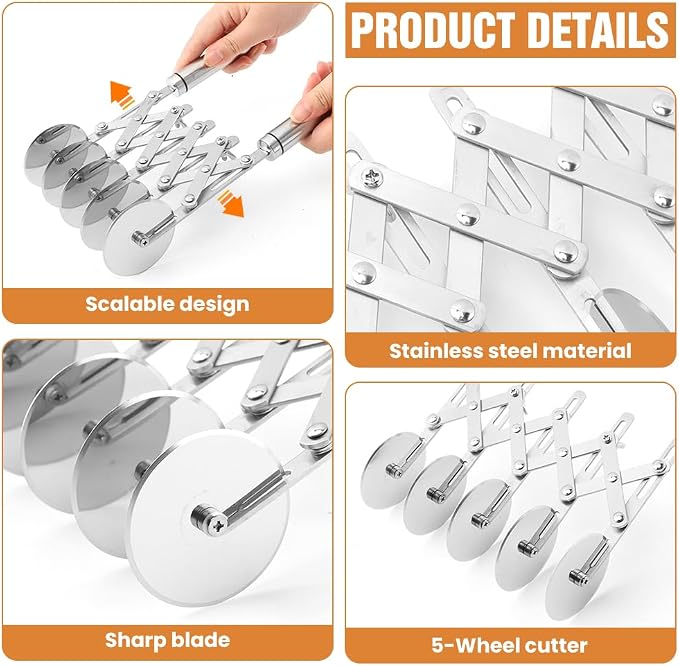 5 Wheel Pastry Cutter, Stainless Steel Dough Divider with Handle, Expandable Dough Cutter Wheel with Handle, Multi-Round Pastry Knife, Pizza Cutter Roller and Pie Server(Silver)