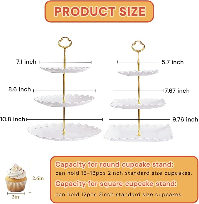 RAUVOLFIA 2 Pack of Plastic Round & Square Dessert Cupcake Stand, 3 Tier Cup Cake Holder Tower for Tea Party/Birthday/Wedding, Plastic Tiered Serving Tray (White)