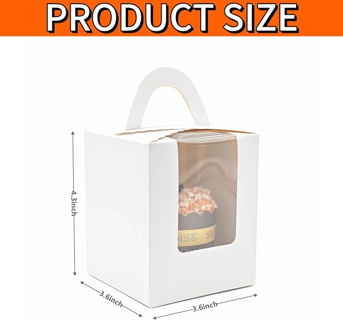 Individual Cupcake Boxes Bulk, 50 Pack Premium Single Cupcake Boxes with Clear Display Window, Food Grade White Cupcake Carrier Cupcake Container, Perfect for Cupcakes Muffins Cookies