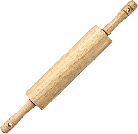KARRYOUNG Natural Rubberwood Rolling Pin with Handles – Smooth Dough Roller for Pizza, Pie Crust, Cookies, Fondant & Tortillas – Durable Kitchen Baking Essential, Rodillo Para Masa