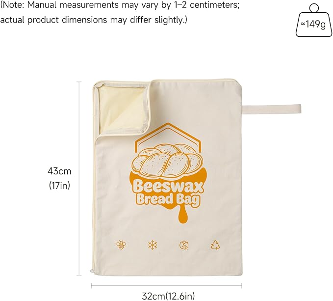 Beeswax Bread Bag Set of 2, 12.6"x17" Sourdough Bread Storage, Reusable Linen Bags with Wide Zipper Freezer Safe for Homemade Artisan Loaves