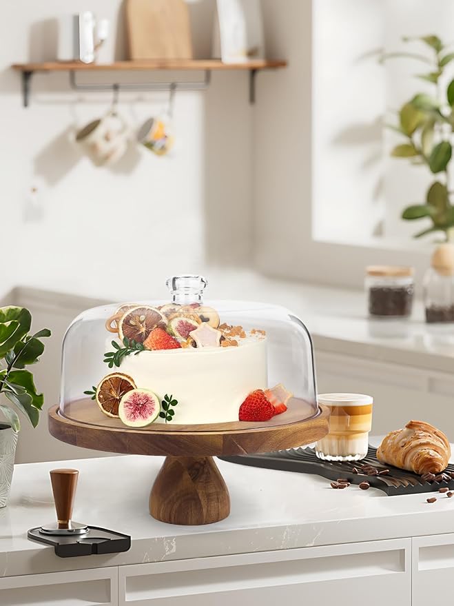 Acacia Wood Cake Stand with Lid, 12in Round Cake Holder, 2-in-1 Cake Plates with Acrylic Dome, Dessert Table Display Set for Party Birthday Kitchen Wedding